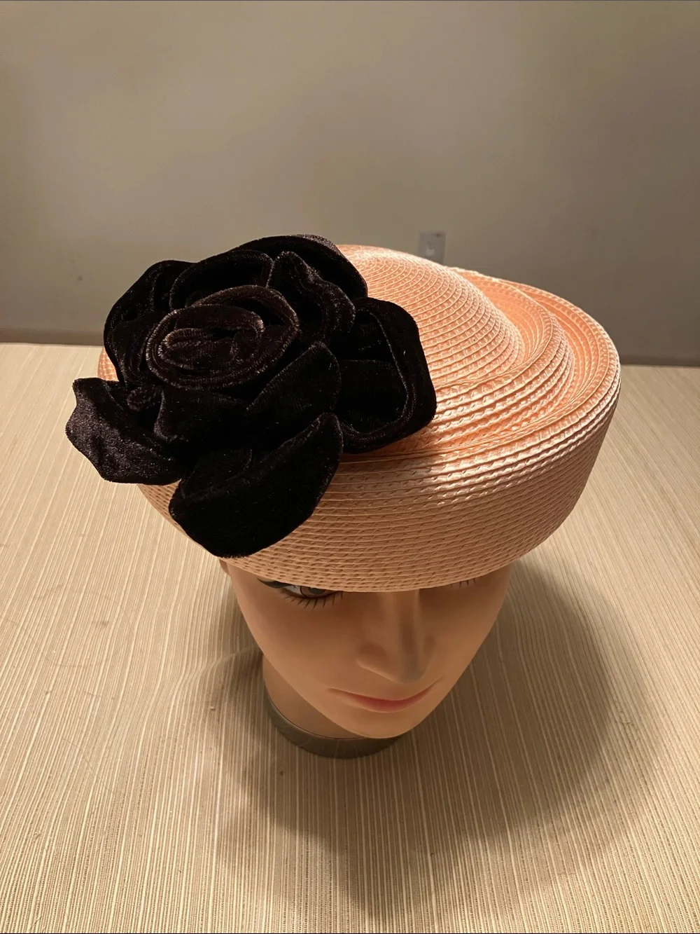 Chic Peach Straw Pillbox Hat with Brown Velvet Flower